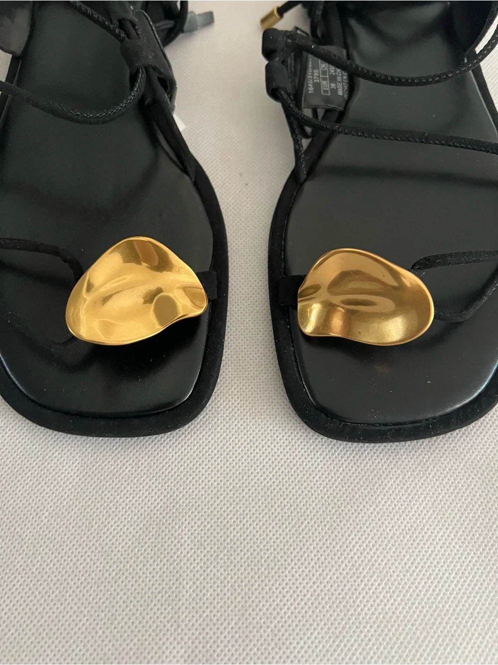 ZARA Black Lace-Up Sandals with Gold Toe Accent - Picture 2 of 9
